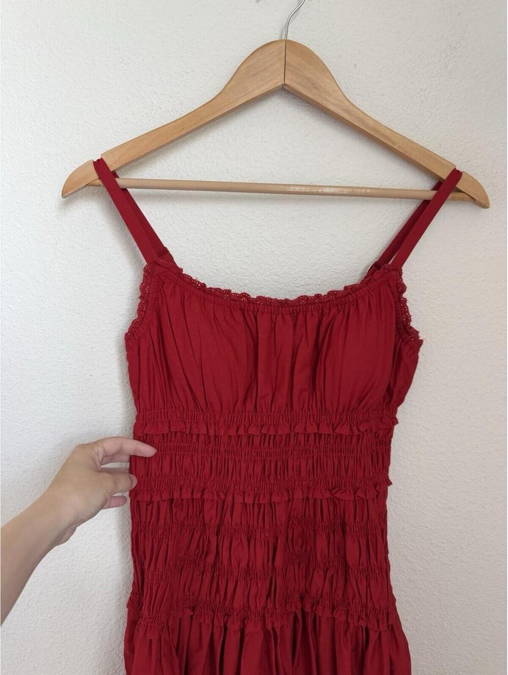 Abercrombie & Fitch NWT XS Bra-Free Smocked Drop-Waist Maxi Dress Feminine Red - Picture 3 of 7